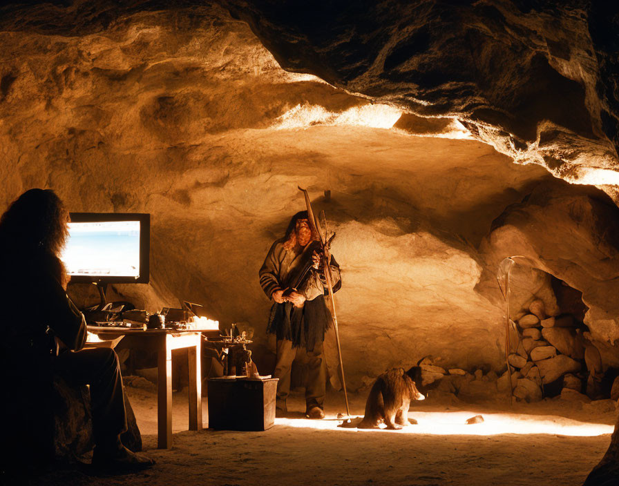 Historical clothing figure with staff in candle-lit cave next to person on computer with cat.