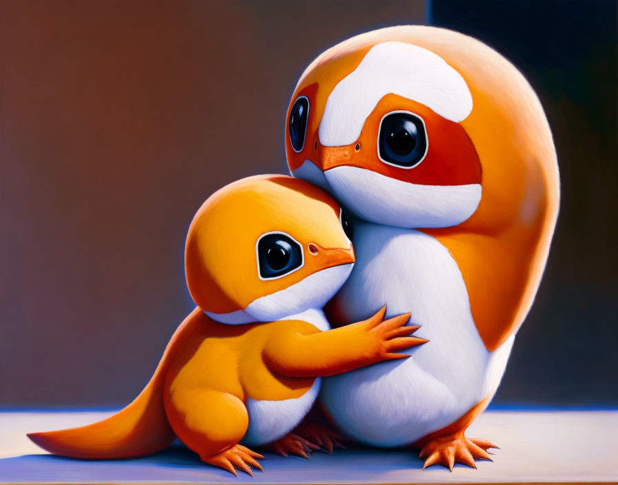 Stylized orange and white cartoon creatures embracing affectionately