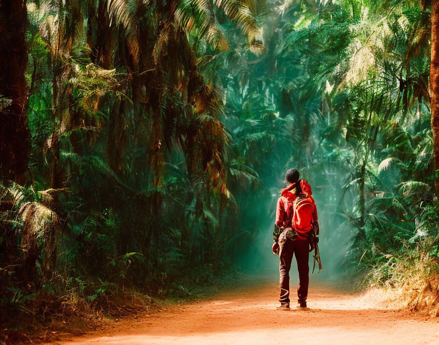 Hiker with red backpack in lush palm forest under sunlight