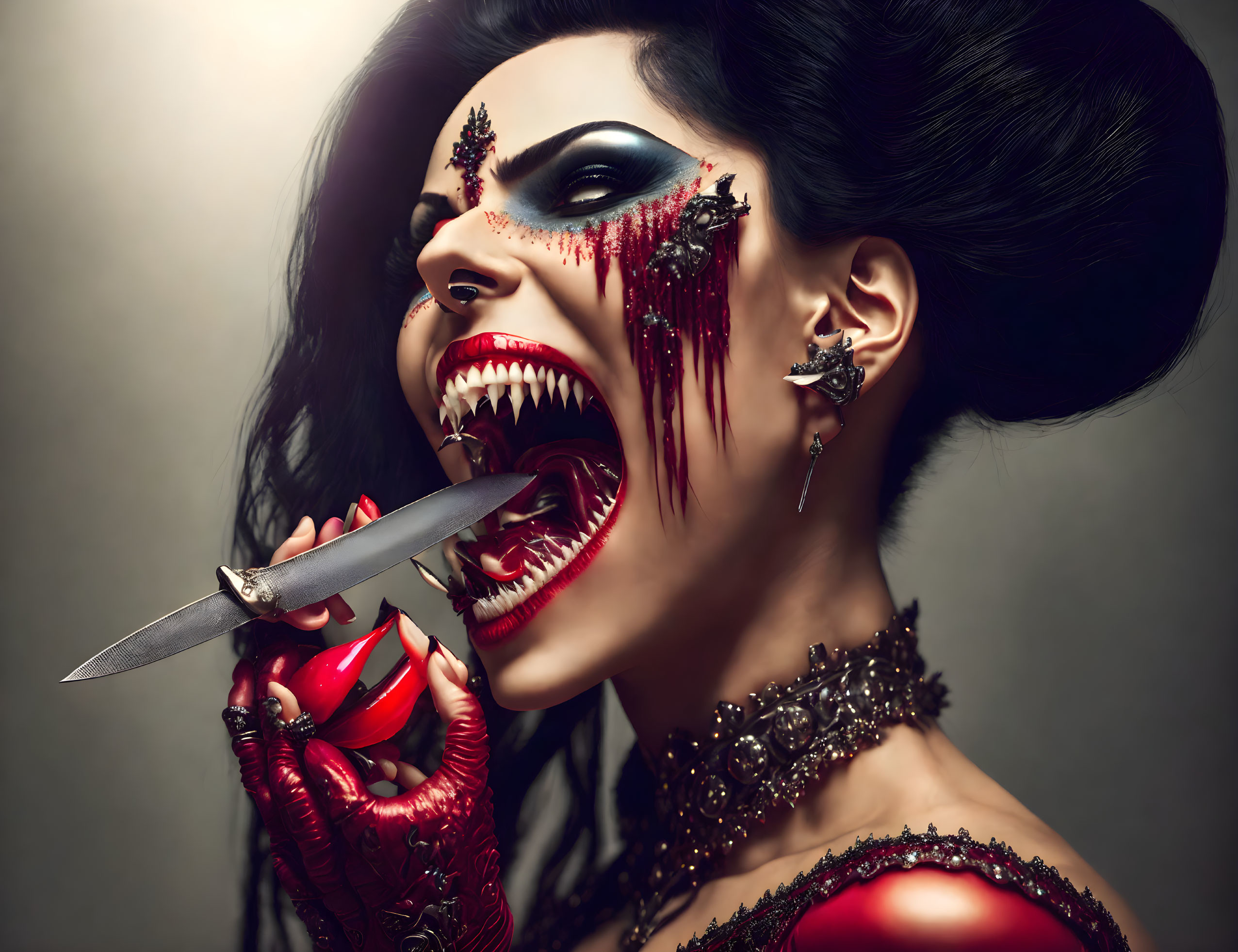 Woman with vampire makeup and fangs holding knife, dripping blood, in red gloves and ornate jewelry