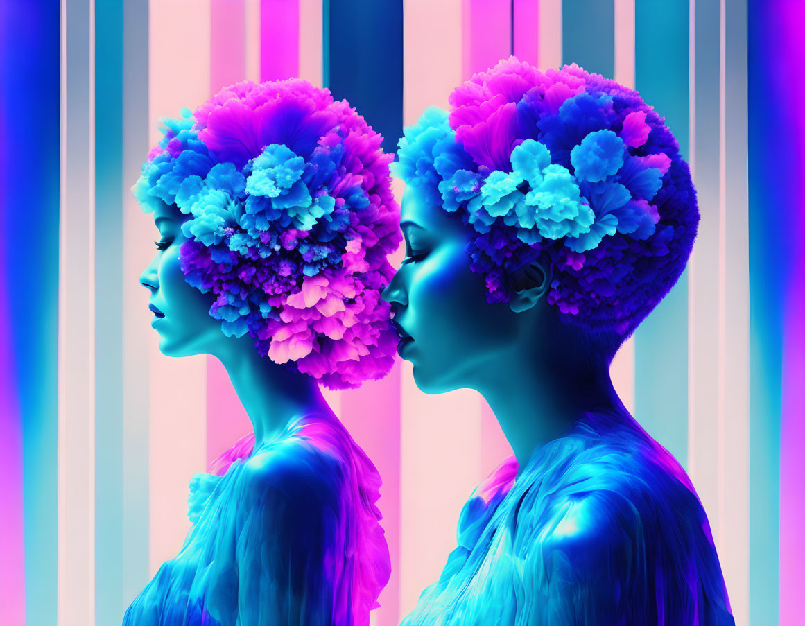 Vibrant blue and purple profiles with floral hair on neon stripes