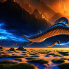 Fantastical serpent over surreal landscape with blue energy streams