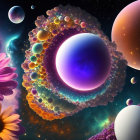Colorful cosmic scene with central purple planet, rings, celestial bodies, flowers, and starry backdrop