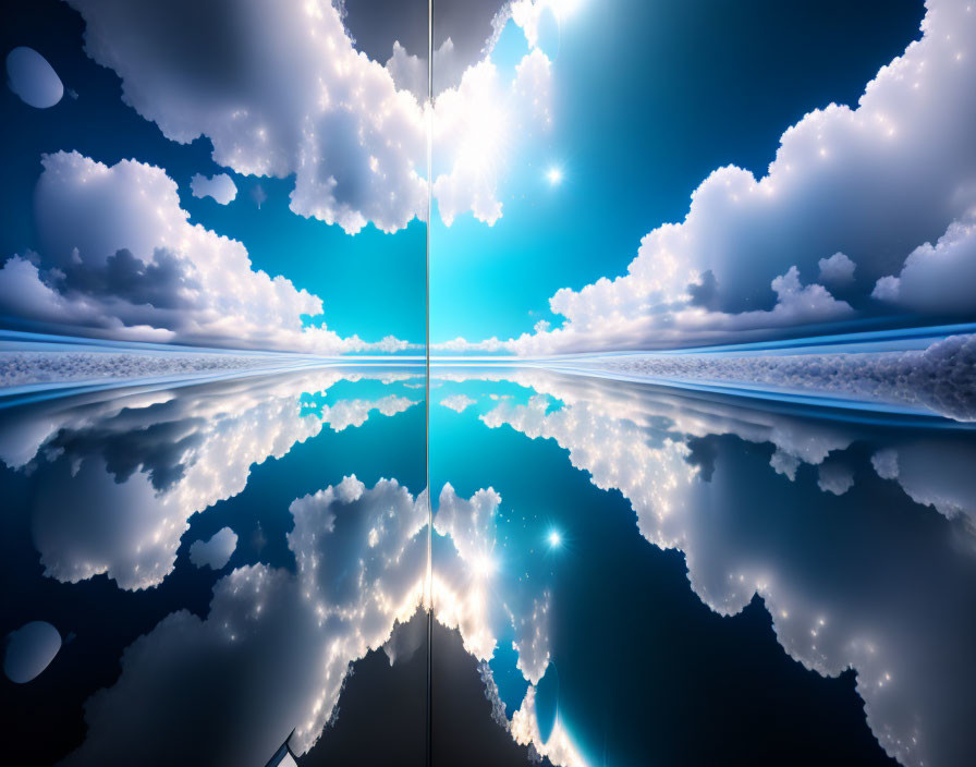 Tranquil landscape with symmetrical clouds reflected on calm water