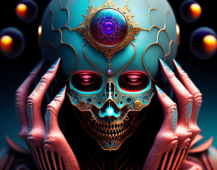Surreal portrait of cyborg-like figure with skull face and orbs