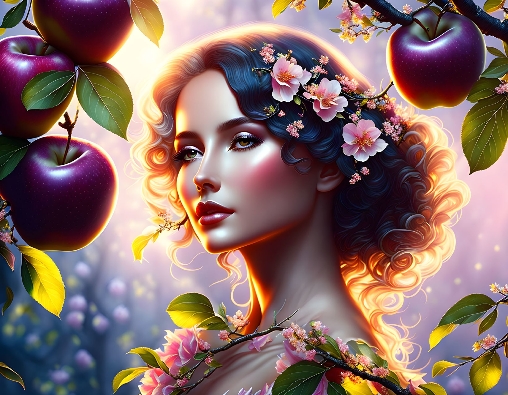 Woman with flowing hair among apple blossoms and ripe apples in colorful fantasy scene