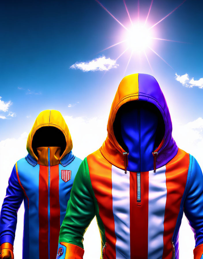 Colorful hooded jacket duo under bright blue sky with sun.