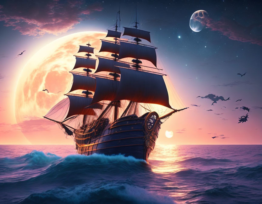 Full-rigged sailing ship on turbulent ocean waves under vibrant sunset sky