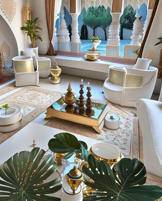 Traditional Moroccan Design Elements in Luxurious Room: Archways, Golden Decor, White Furniture, Patterned