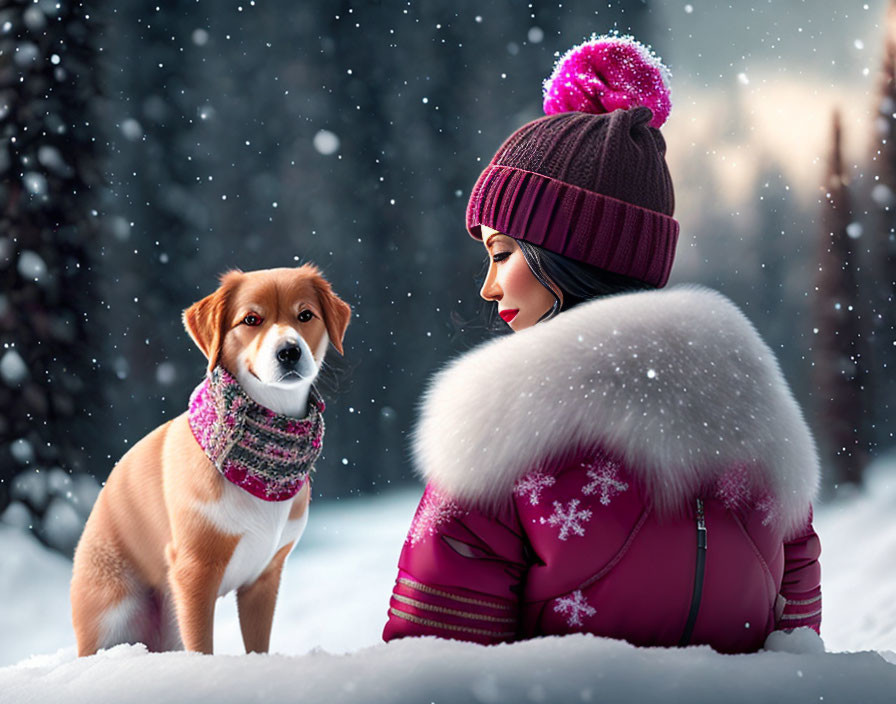 Woman in pink winter jacket with dog in matching scarf in snowfall