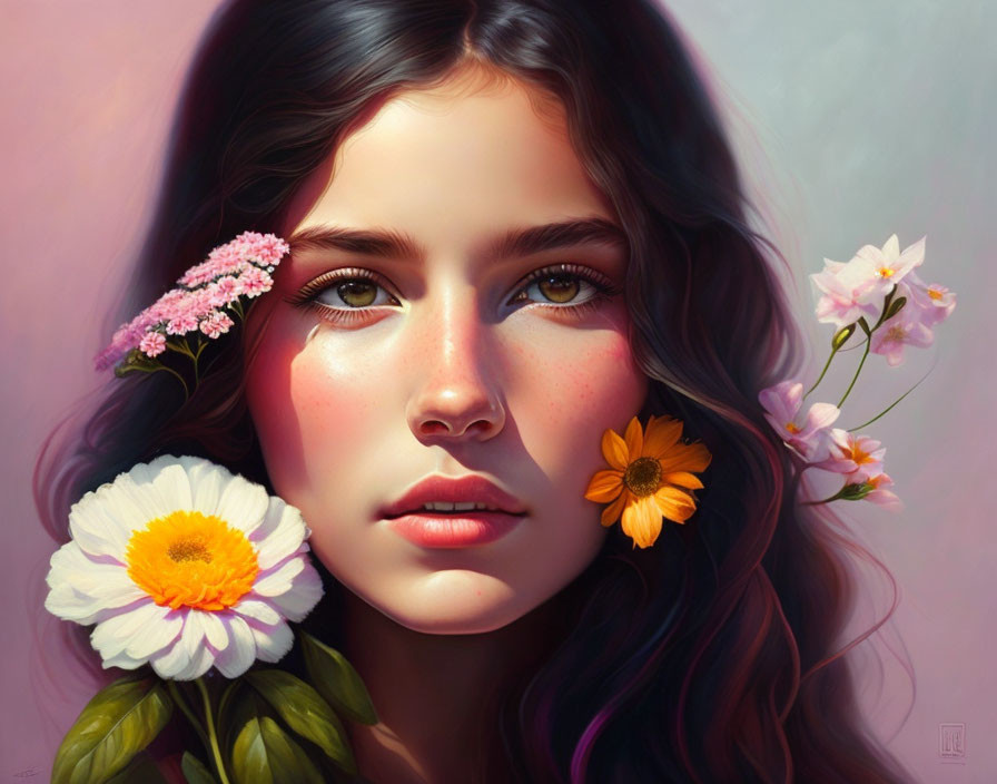Young woman's digital portrait with vibrant floral hair adornments.