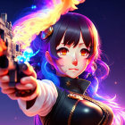 Purple-haired anime girl with glowing red eyes holding a blazing gun in a magical dark setting