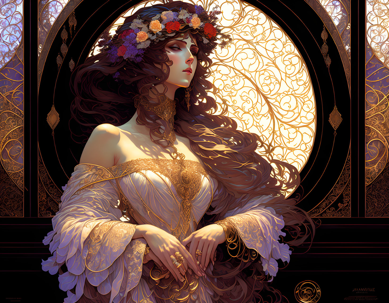 Elegant Woman with Floral Crown and Golden Patterns