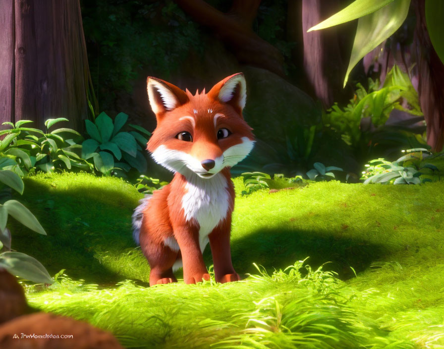 Anthropomorphic fox in sunlit forest clearing