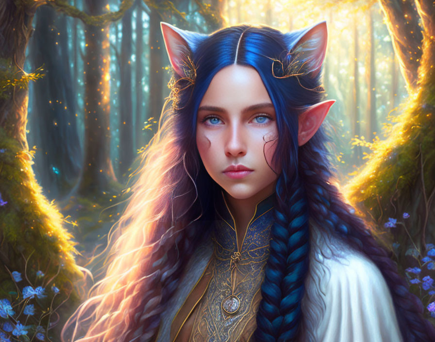 Fantasy Portrait of Female Character with Pointy Ears and Blue Hair