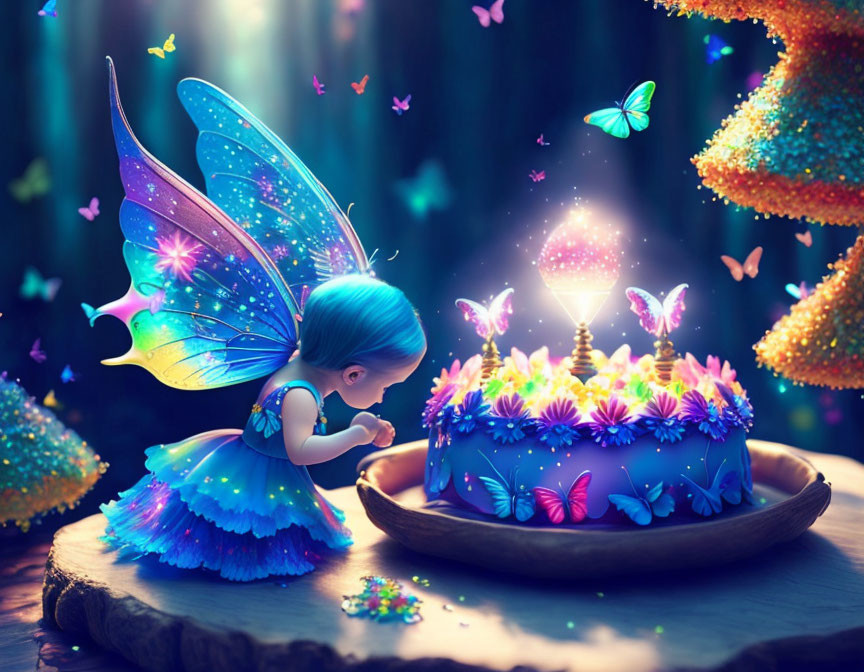 Fairy in blue dress with magical cake in mystical forest