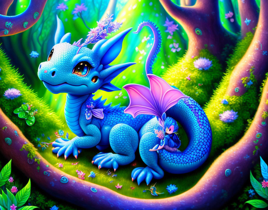 Whimsical blue dragon with purple wings in magical forest