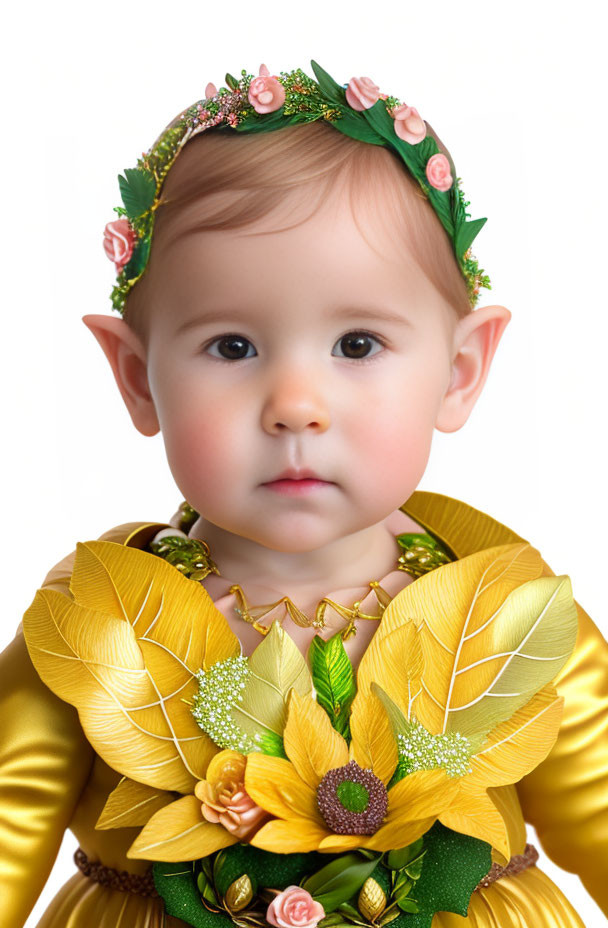 Baby in golden leaf-patterned outfit with floral headband on white background
