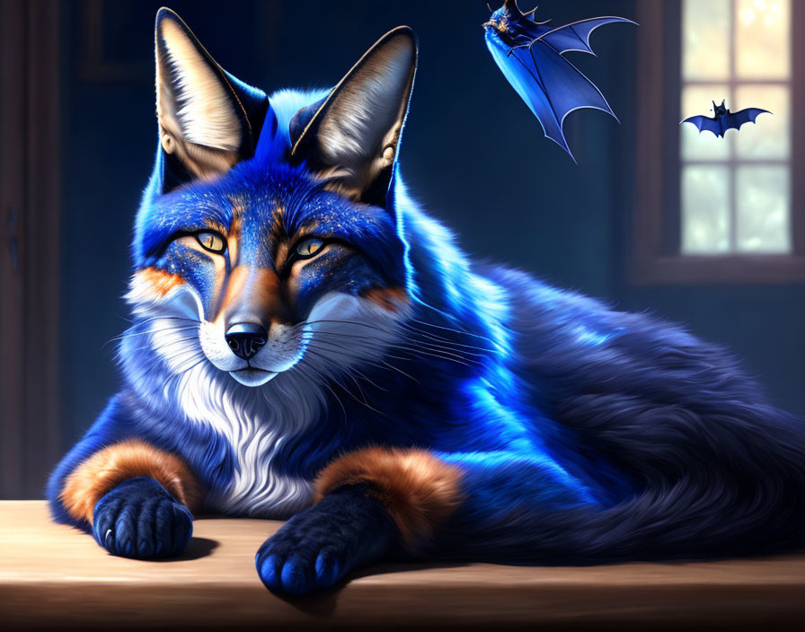 Realistic anthropomorphic fox with blue fur at wooden table, bats flying in background