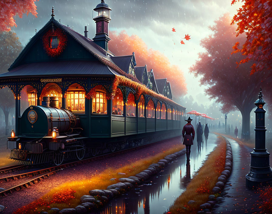 Person with Umbrella Walking Beside Vintage Train in Romantic Autumn Scene
