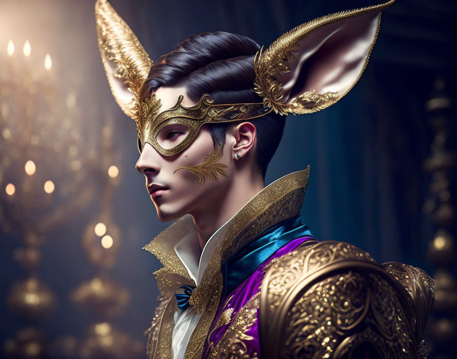 Stylish person in ornate golden mask with rabbit ears, blue and purple cloak, gold shoulder
