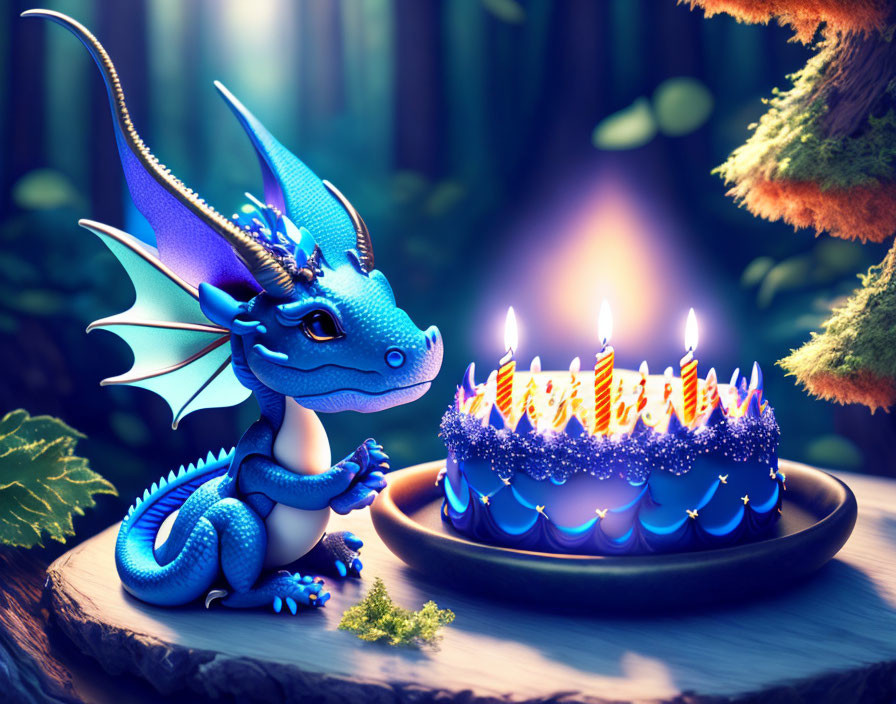 Blue animated dragon with birthday cake in forest setting