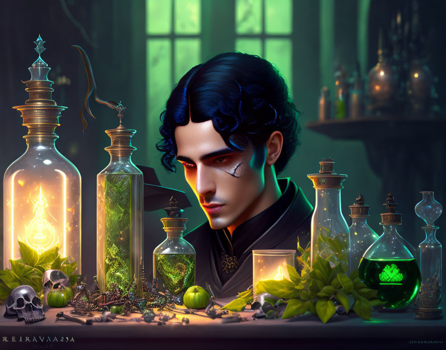 Dark-haired person surrounded by magical potions, plants, and skull on green-lit table