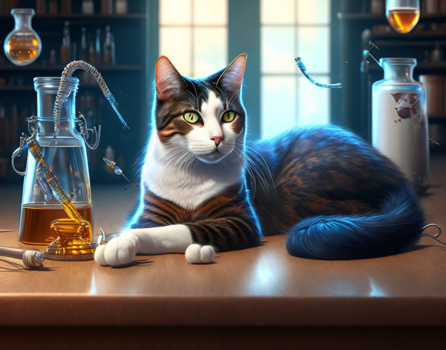 Anthropomorphic cat digital illustration on wooden table with scientific glassware and books in cozy room