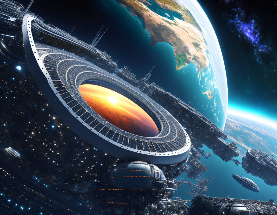 Futuristic space station with artificial sun and spacecraft orbiting Earth