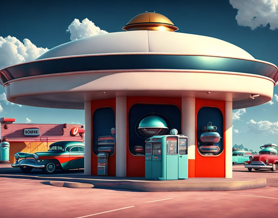 Vintage Cars at Retro-Futuristic Gas Station: '50s Americana Style