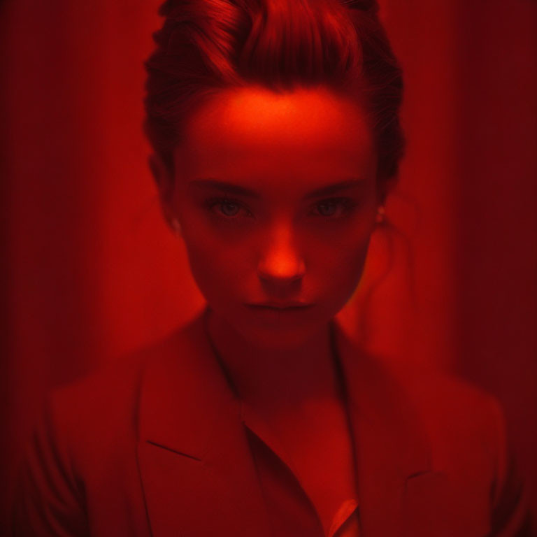 Intense Gaze Woman Portrait in Red Monochromatic Lighting