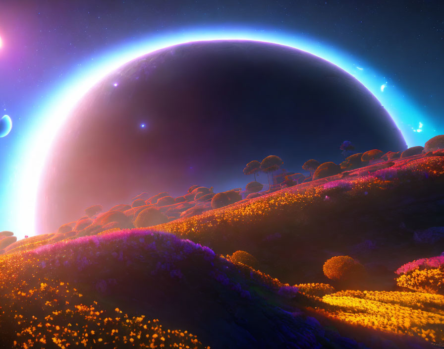 Vibrant landscape with glowing flowers under night sky and large planet on horizon