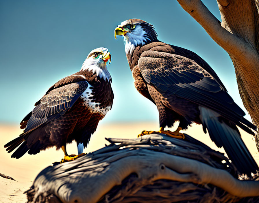 Majestic eagles on tree branch against blue sky