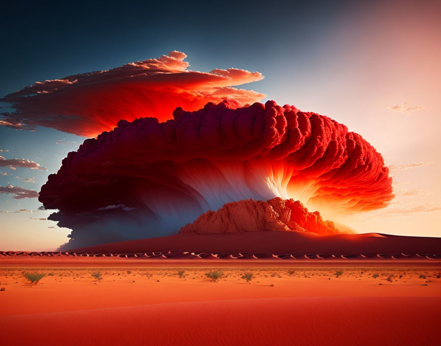 Vivid red and orange cloud formation over desert sand dunes