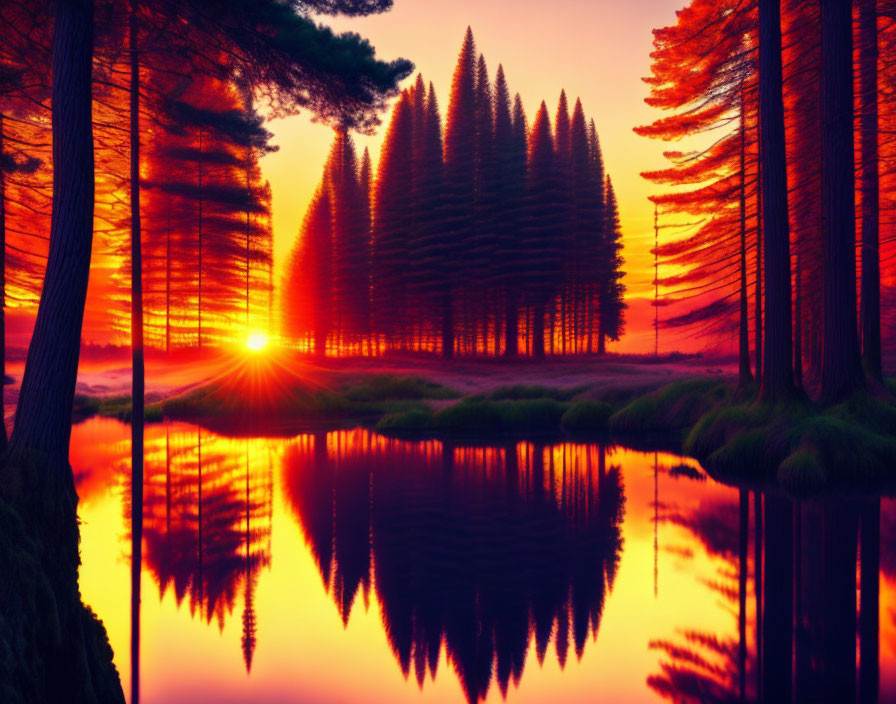 Colorful sunset reflecting on forest lake with silhouetted trees and glowing sun