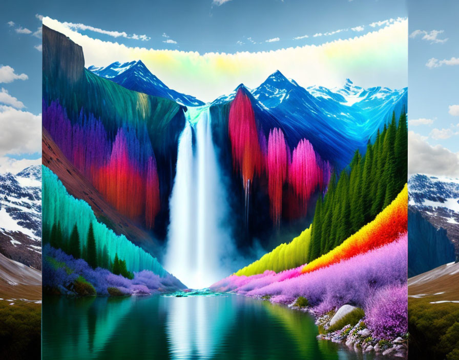 Digitally altered image: Vibrant waterfall, multicolored mountains, tranquil lake, blue sky.