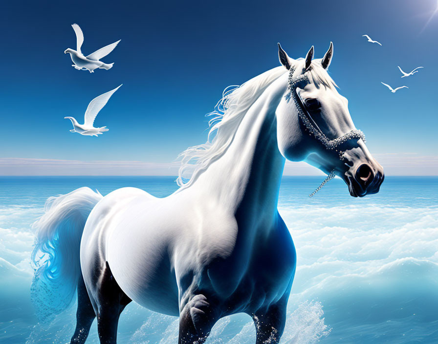 White horse with flowing mane on waves with seagulls in clear blue sky