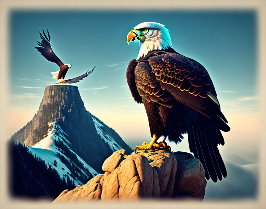 Majestic eagles on rocky peaks with snow-capped mountains and blue sky