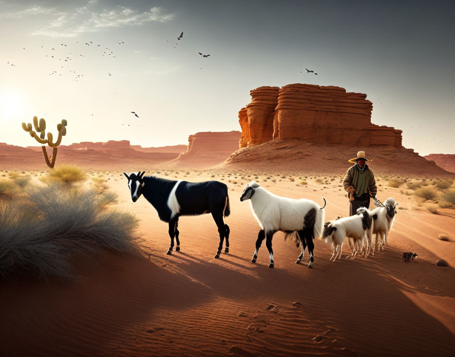 Desert landscape with herdsman, goats, cactus, and birds at dusk