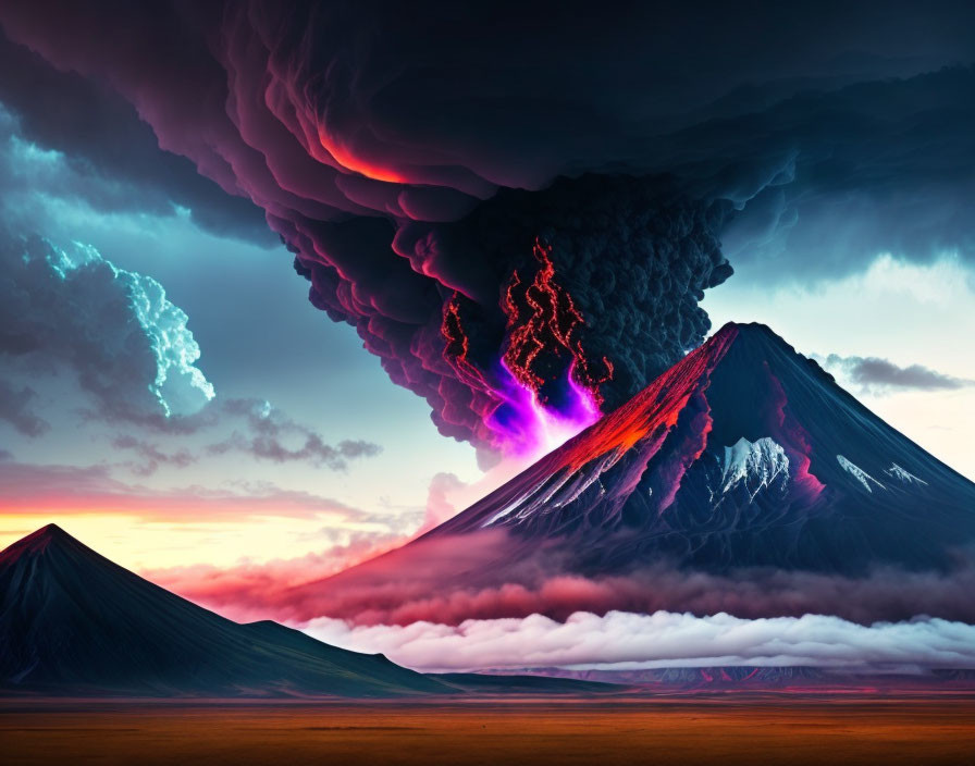 Dramatic volcanic eruption with purple and pink lightning in twilight sky