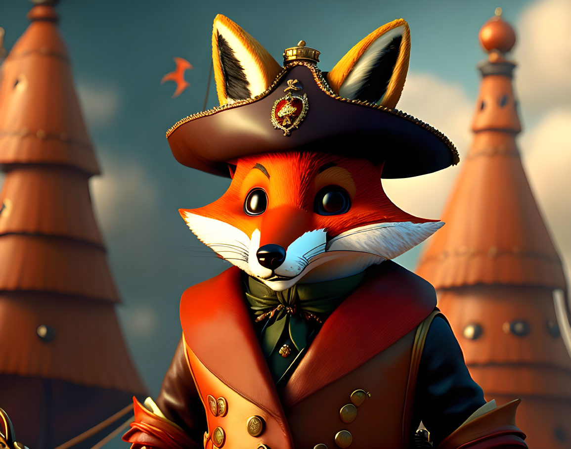 Anthropomorphic fox pirate captain with tricorn hat in front of castle spires at sunset