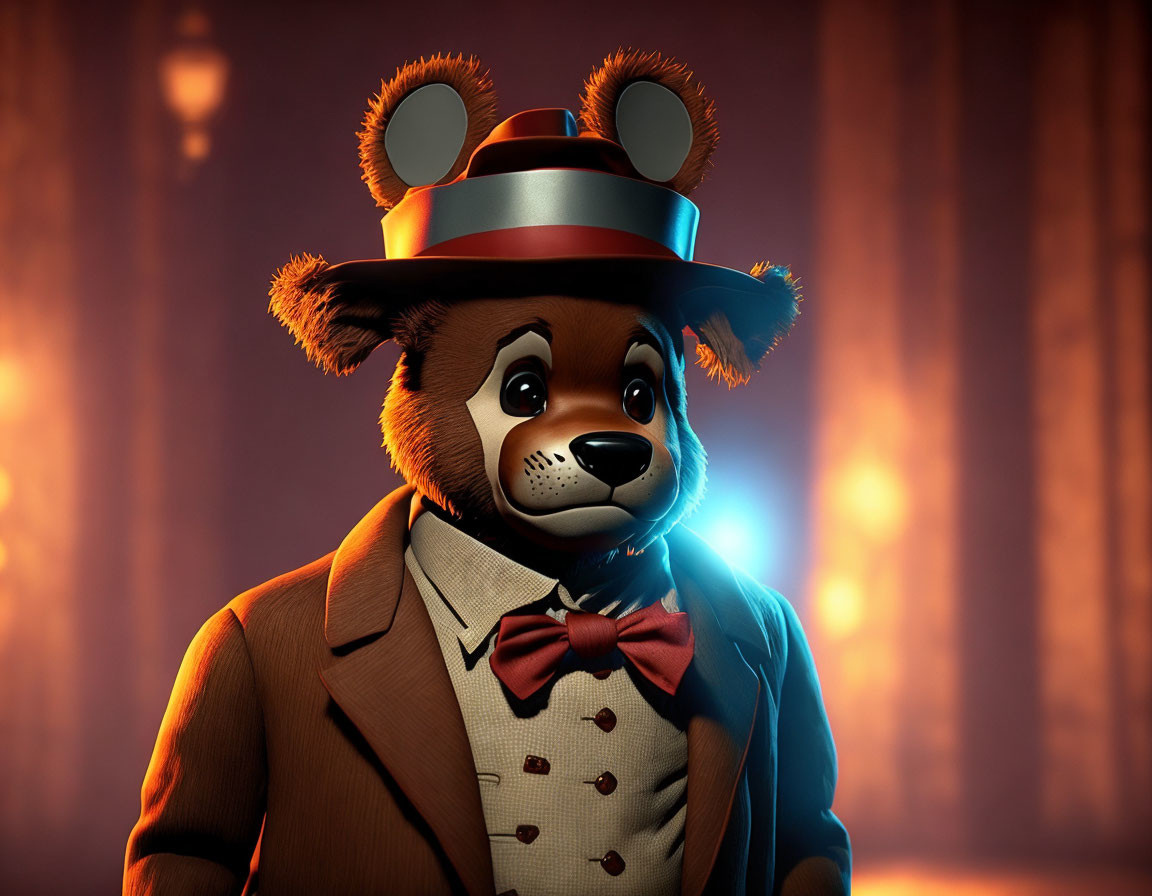 Elegantly dressed bear in suit, bow tie, top hat in warm theatrical setting