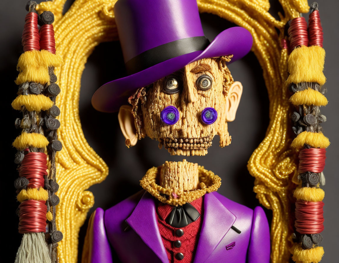 Skeleton Figurine in Purple Top Hat and Suit with Golden Accents and Ornate Mirror Frame