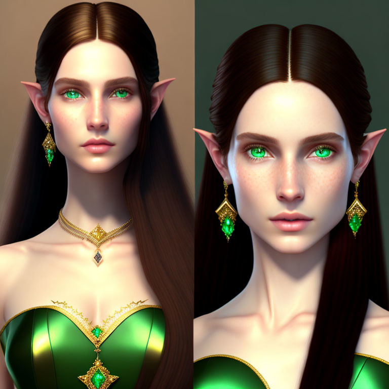 Fantasy digital art of a brown-haired elf woman with green eyes and emerald jewelry
