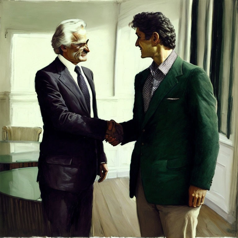 Men in suit and casual blazer shaking hands indoors, smiling in well-lit room