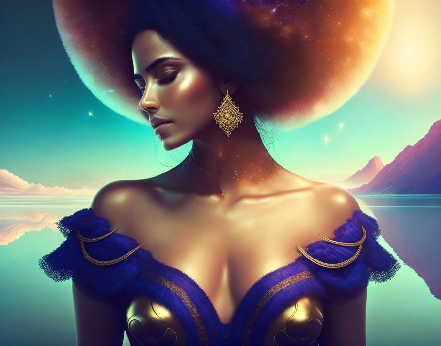 Surreal portrait of woman with galaxy-themed background and cosmic ring.