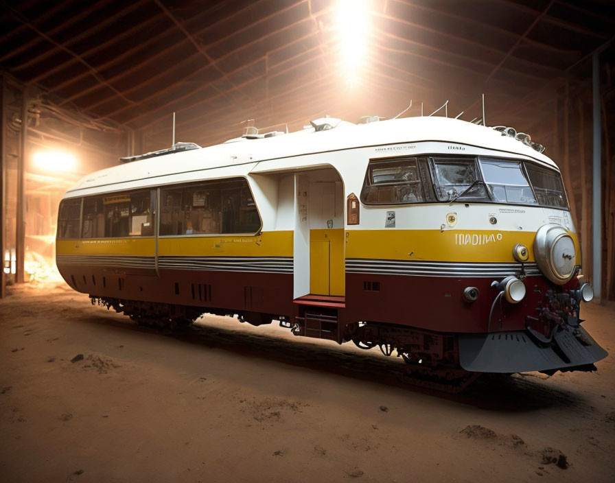 Vintage streamlined train with "Падило" inscription in dusty warehouse