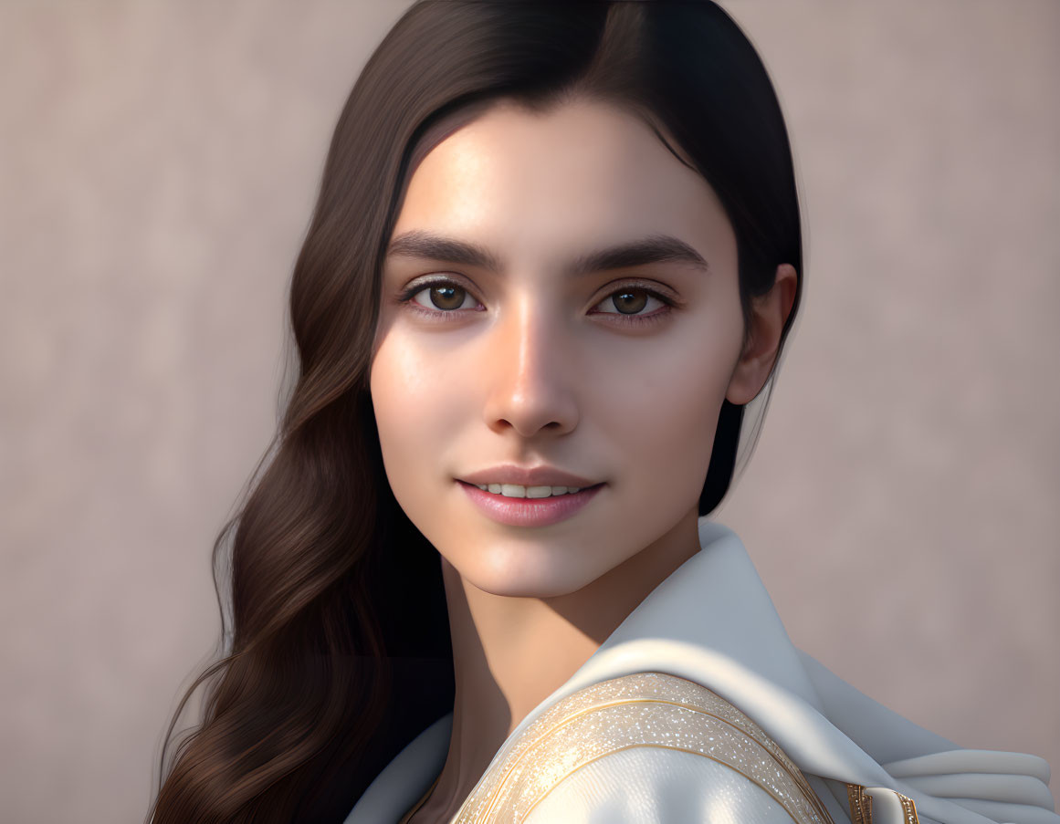 Young woman digital portrait with long brown hair and white outfit.