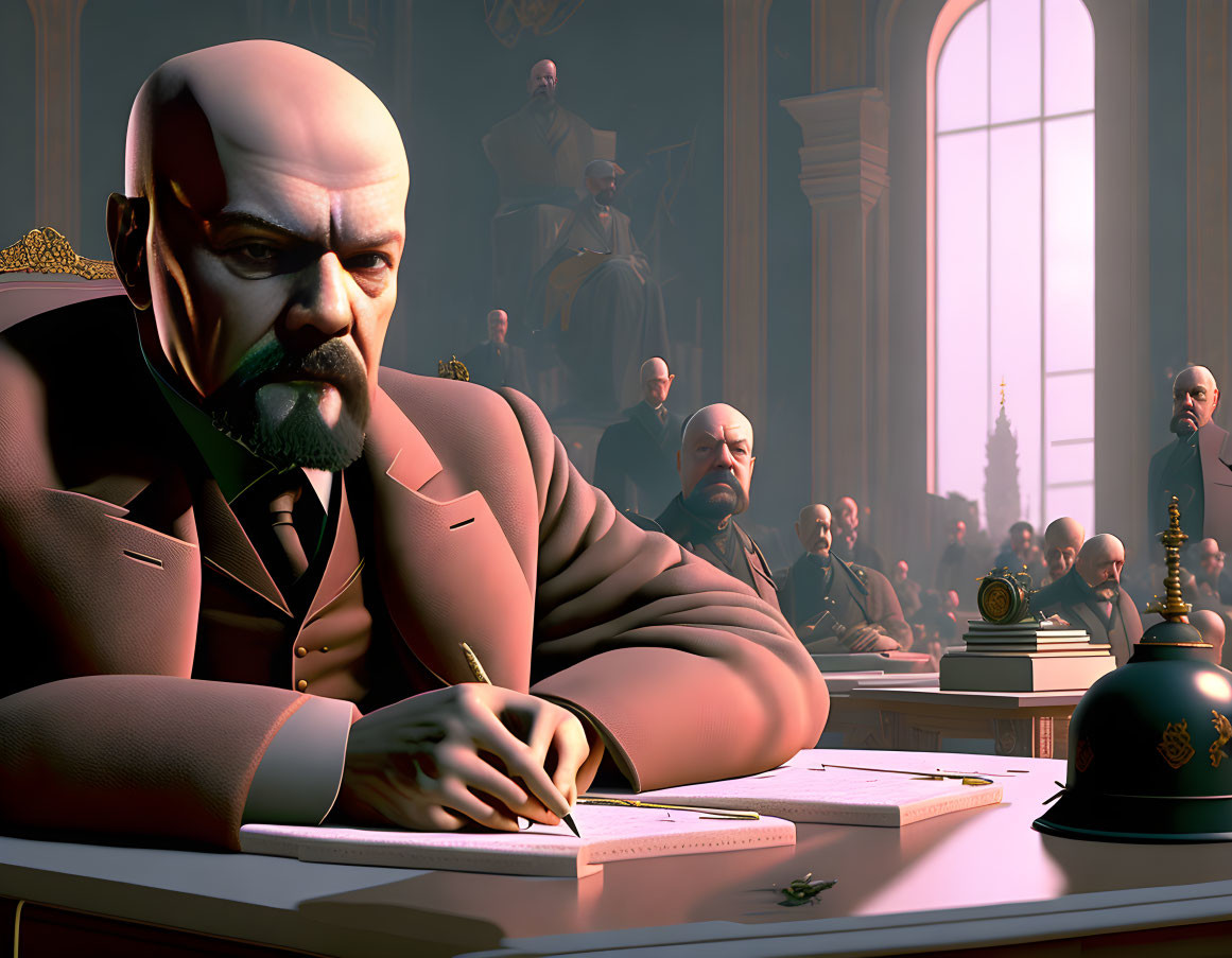 Animated Scene: Stern Bald Man Signing Document in Stately Room