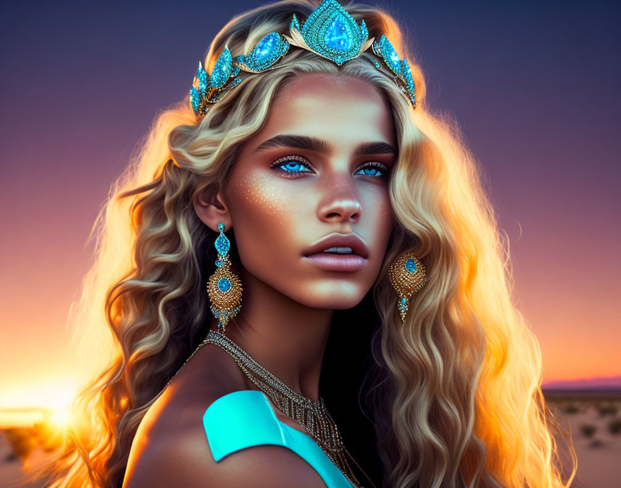 Blonde woman with blue eyes wearing turquoise crown and earrings at sunset
